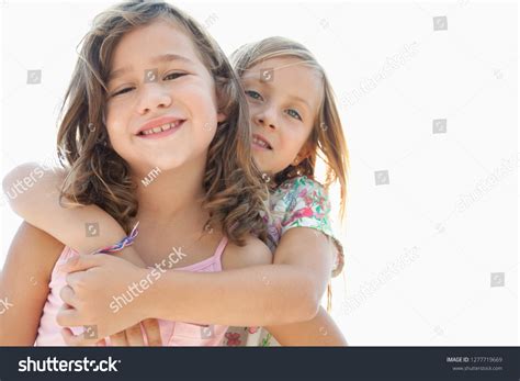 Portrait Sisters Siblings Female Children Hugging Stock Photo