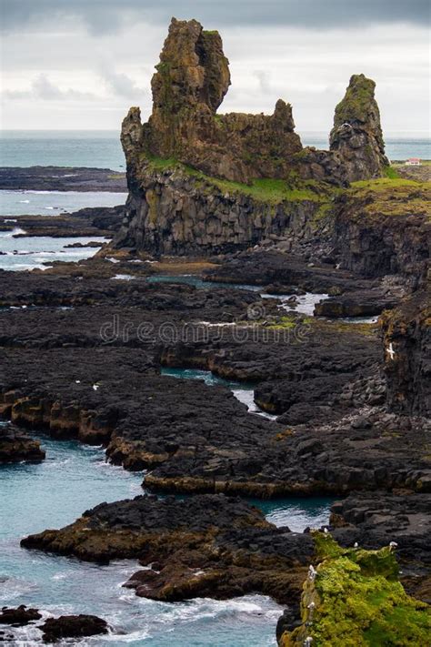 View Of Londrangar Rock Formation Along Iceland S Shore Stock Image