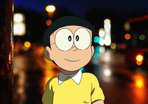 A Cartoon Character Is Standing In The Street At Night With His Eyes