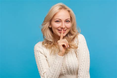 Closeup Playful Cheerful Woman Showing Shh Gesture Holding Finger Near