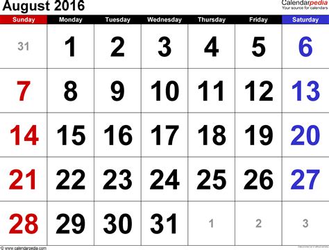 August 2016 Calendars For Word Excel And Pdf