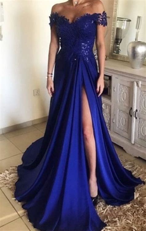 Lace Off The Shoulder Long Royal Blue Prom Dresses Satin Evening Gowns With Leg Split Party