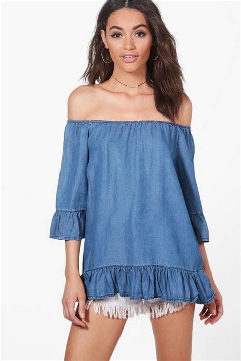 Ruffle Denim Look Smock Style Top Boohoo