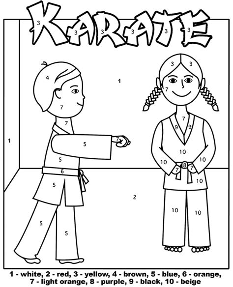 Set of 12 printable coloring puzzles for kids combines coloring, scissors practice and puzzle. Karate kids color by number