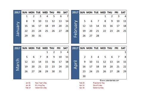 2017 Excel 4 Month Calendar Template Free Printable Templates