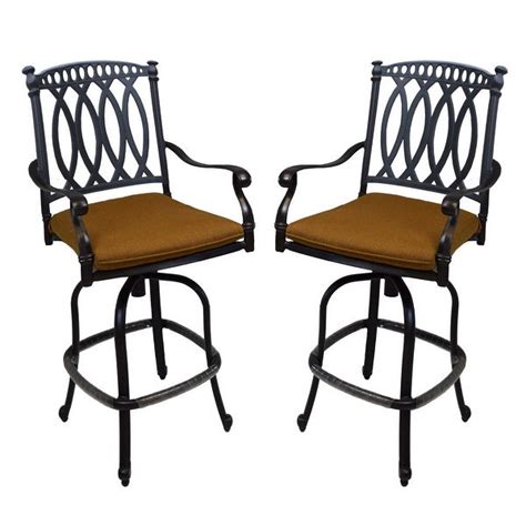 Pair Of Outdoor Cast Aluminum Black Swivel Bar Stools With Brown
