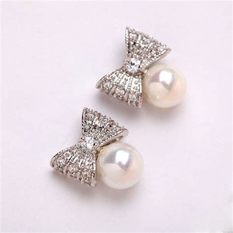 Beautiful Luxury Zircon Pearl Bow Stud Earrings Fashion Earrings