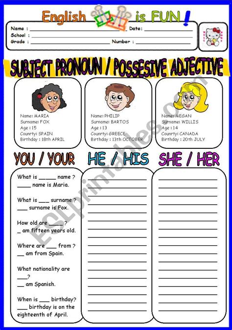 Spanish Possessive Adjectives And Pronouns Worksheets