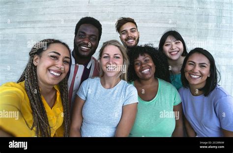 Group Multiracial Friends Having Fun Outdoor Happy Mixed Race People Taking Selfie Together
