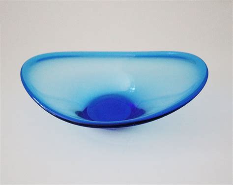 Mid Century Blue Glass Dish Curved Bowl Murano Style