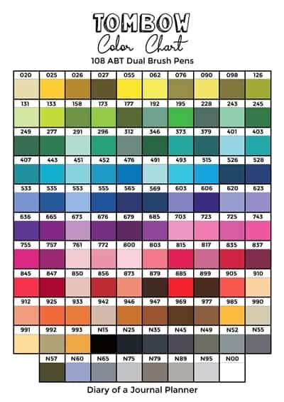 Tombow Color Chart Printable To Track Your 108 Or 96 Dual Brush Pens