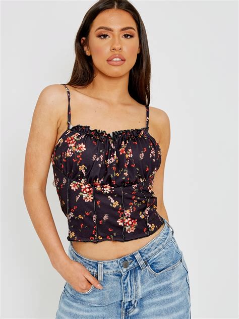 Wholesale Floral Print Seam Detail Lettuce Frill Cami Top Stylewise