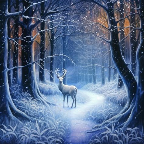 Premium Ai Image Painting Of A Deer In A Snowy Forest With A Path