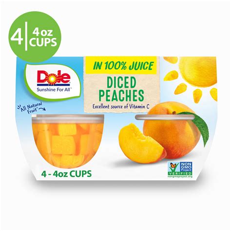 4 Cups Dole Fruit Bowls Diced Peaches In 100 Fruit Juice 4 Oz