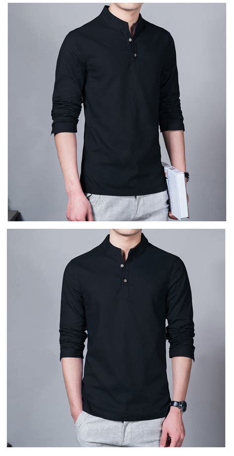 Mens Linen Button Neck Shirt T Shirt Mandarin Collar Chinese Vintage