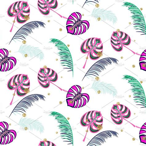 Seamless Pattern With Colorful Palm Leaves On White Background For Wallpaper Or Fabric Design