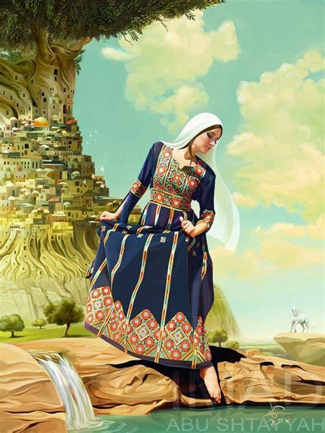 Palestinian Girl In Traditional Dress Artwork By Palestinian Artist