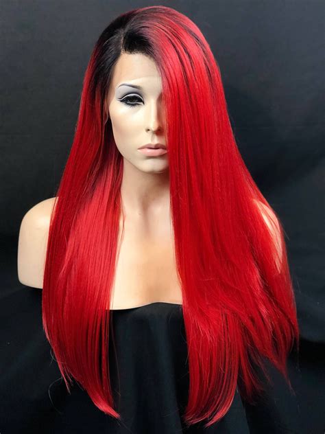 Cosplay Wig Bright Red Wig Dark Roots Red Wig Lace Front Wig Heat Safe Heat Friendly Wig