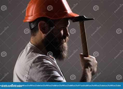 Builder In Helmet Hammer Handyman Builders In Hardhat Bearded Man