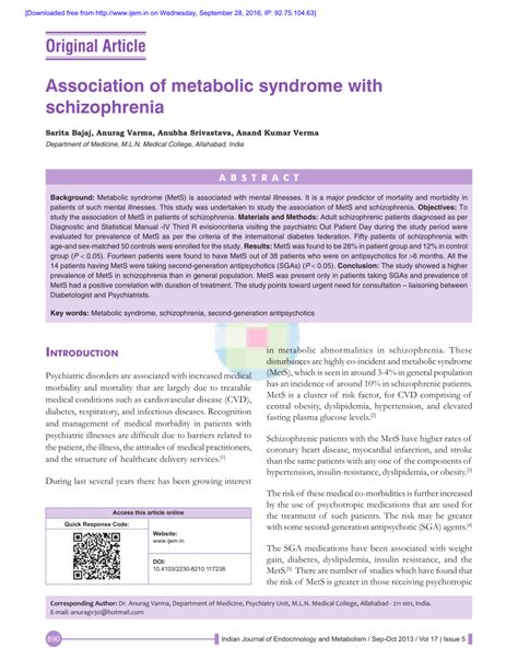 pdf association of metabolic syndrome with schizophrenia