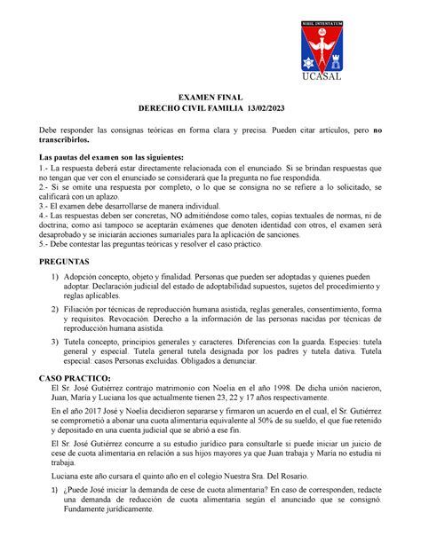 Examen Familia De Febrero Derecho Civil Familia Ucasal Studocu