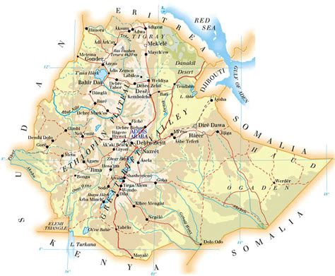 Detailed Physical And Road Map Of Ethiopia Ethiopia Detailed Physical