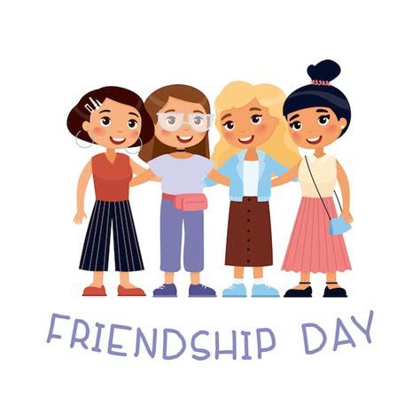 Feliz día de la amistad cuatro jóvenes chicas lindas abrazos personaje de dibujos animados