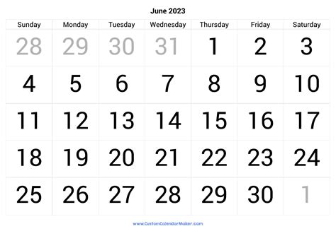 June 2023 Calendar Printable With Large Numbers