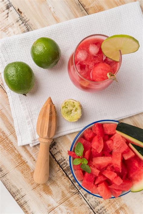Watermelon Fresh Juice With Mint Leaves And Lime Citrus Stock Image