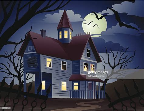 Cartoon Of Spooky Haunted House And Bats At Night High Res