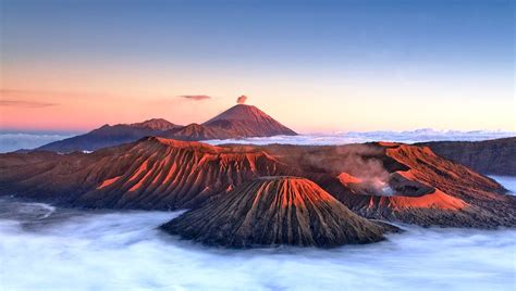 Nature Landscape Mountain Volcano Clouds Mist Crater Sunrise Mount Bromo Indonesia