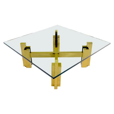 Stacked Polished Lacquered Brass Bars Base Glass Top Square Coffee