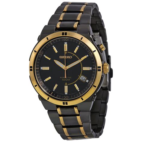 Seiko Mens Kinetic Black Dial Two Tone Ticn Plated Steel Watch Ska366