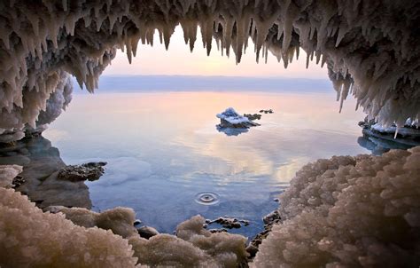 Wallpaper Winter Sea Sunset Stones Icicles Cave Sea Landscape