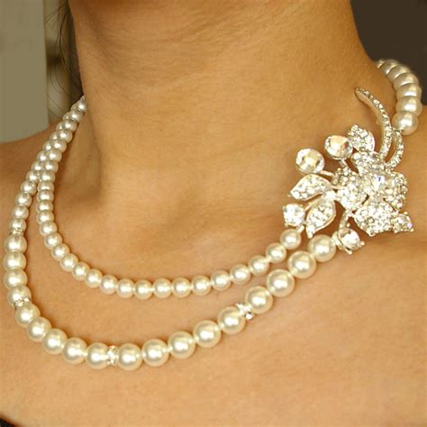 Pearl And Crystal Bridal Necklace Rhinestone Flower By Luxedeluxe