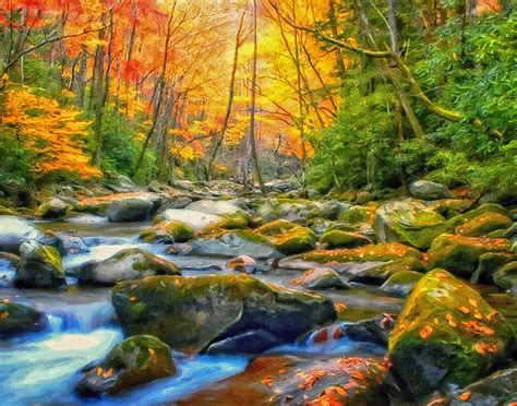 Autumn Stream Landscape Art Painting Painting By Andres Ramos