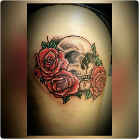 Skull And Roses Thigh Tattoo By Ladyknight17 On Deviantart
