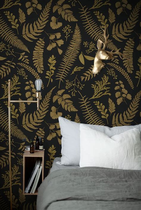 Gold Ferns And Leaves Removable Wallpaper Gold And Black 28 Etsy