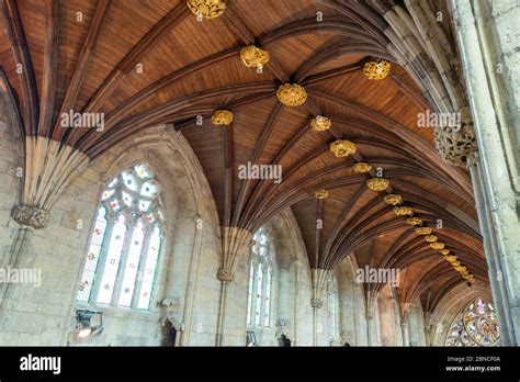 Wooden Fan Vaulting And Gold Painted Roof Bosses Inside Selby Abbey In