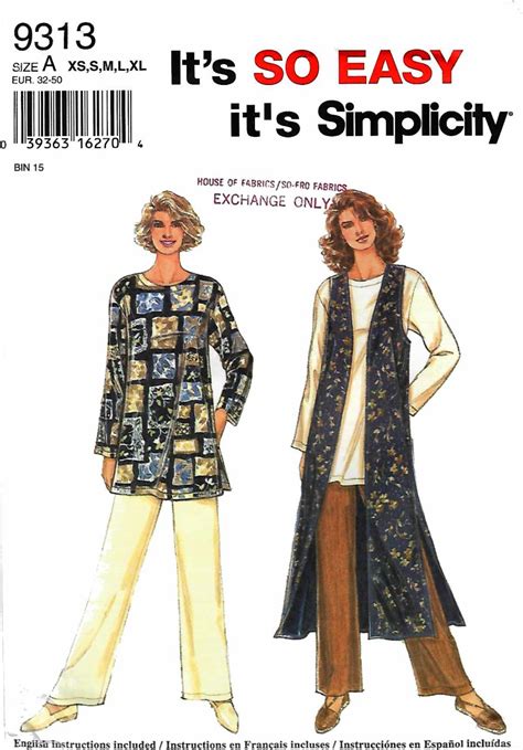 Simplicity Sewing Pattern 9313 Misses Sizes 6-24 Easy Top Pants Lined Long Vest