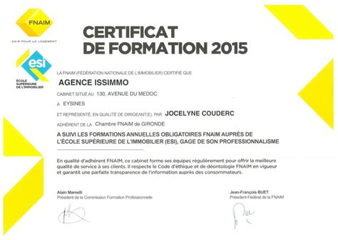 Certificat De Formation 2015 Issimmo Agence Immobilière Eysines