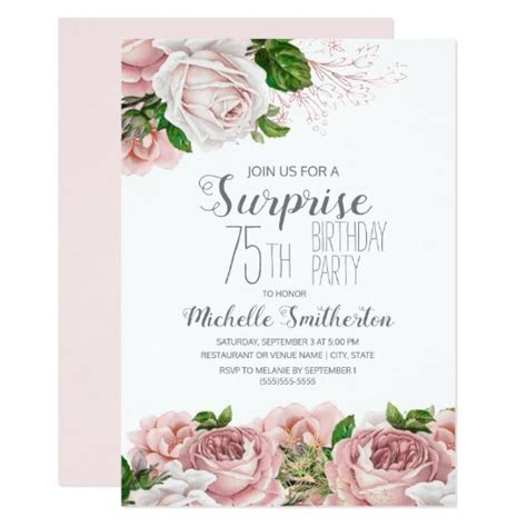 Blush Pink Floral Surprise 75th Birthday Women Invitation