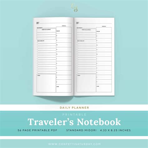 Daily Travelers Notebook Inserts Standard Undated Printable Planner