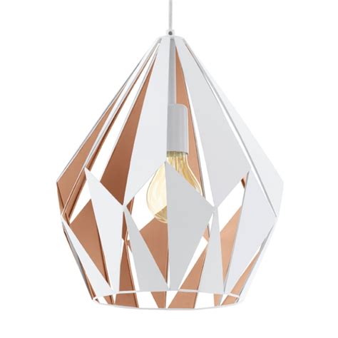 H:13.75 x w:32 x dp:15min. Eglo 49932 Carlton 1 White and Rose Gold Open Cage Pendant Light