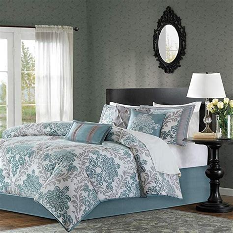Comforter Sets For Adults Aqua Blue Bedding 7 Piece Damask Luxury