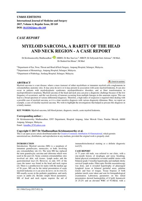 Pdf Myeloid Sarcoma A Rarity Of The Head And Neck Region A Case Report