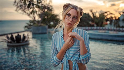 Wallpaper Brunette Women With Glasses Face Women Outdoors Sunset Swimming Pool Shirt