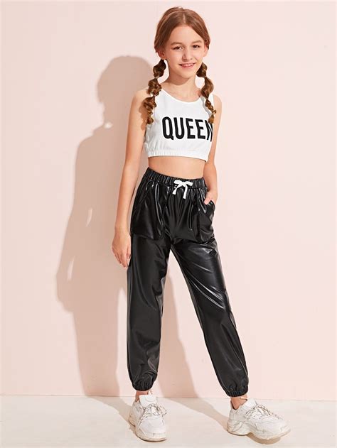 Shein Girls Letter Graphic Tank Top And Pu Trousers Set