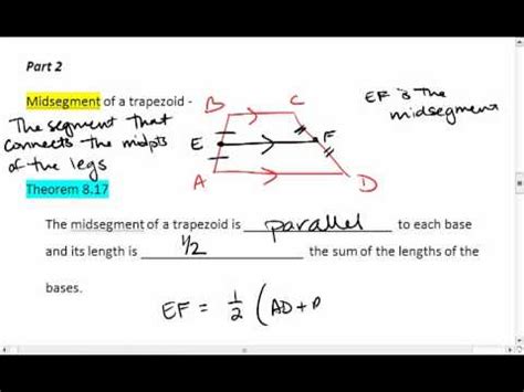 A line segment between the midpoints of the legs of a trapezoid also known as midline or midsegment. 8.5 (3 of 5) Midsegment of Trapezoids.mp4 - YouTube