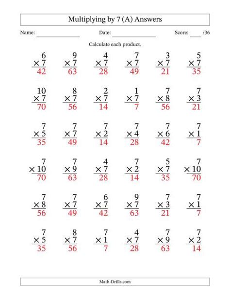Multiplying 1 To 10 By 7 36 Questions Per Page A